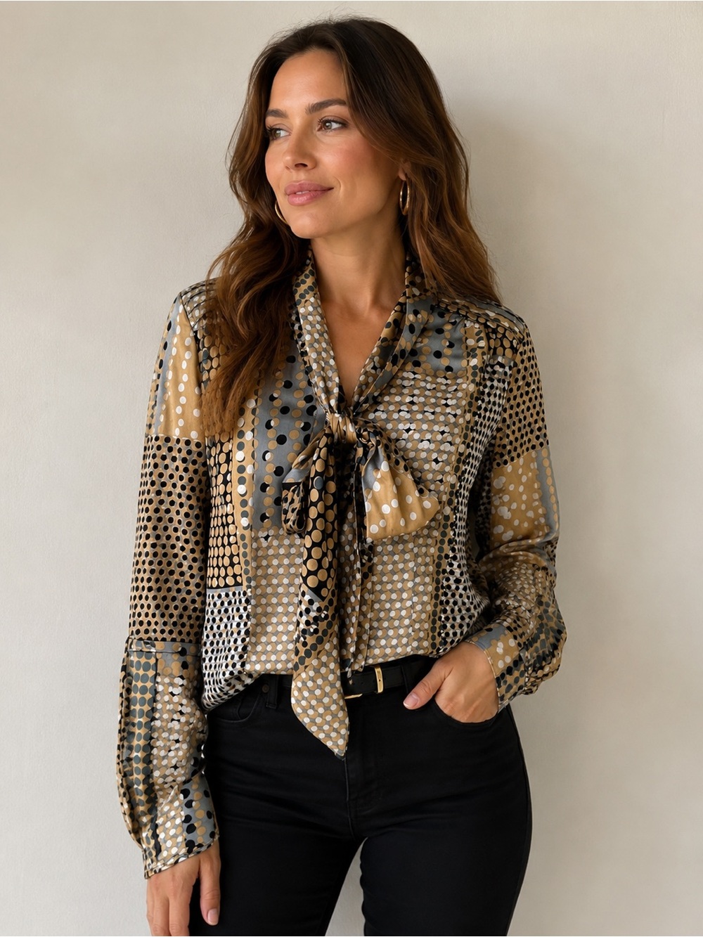 SUNNY LEIGH || Polka Dot Tie-Neck Pleated Sleeves Top. Sz. M